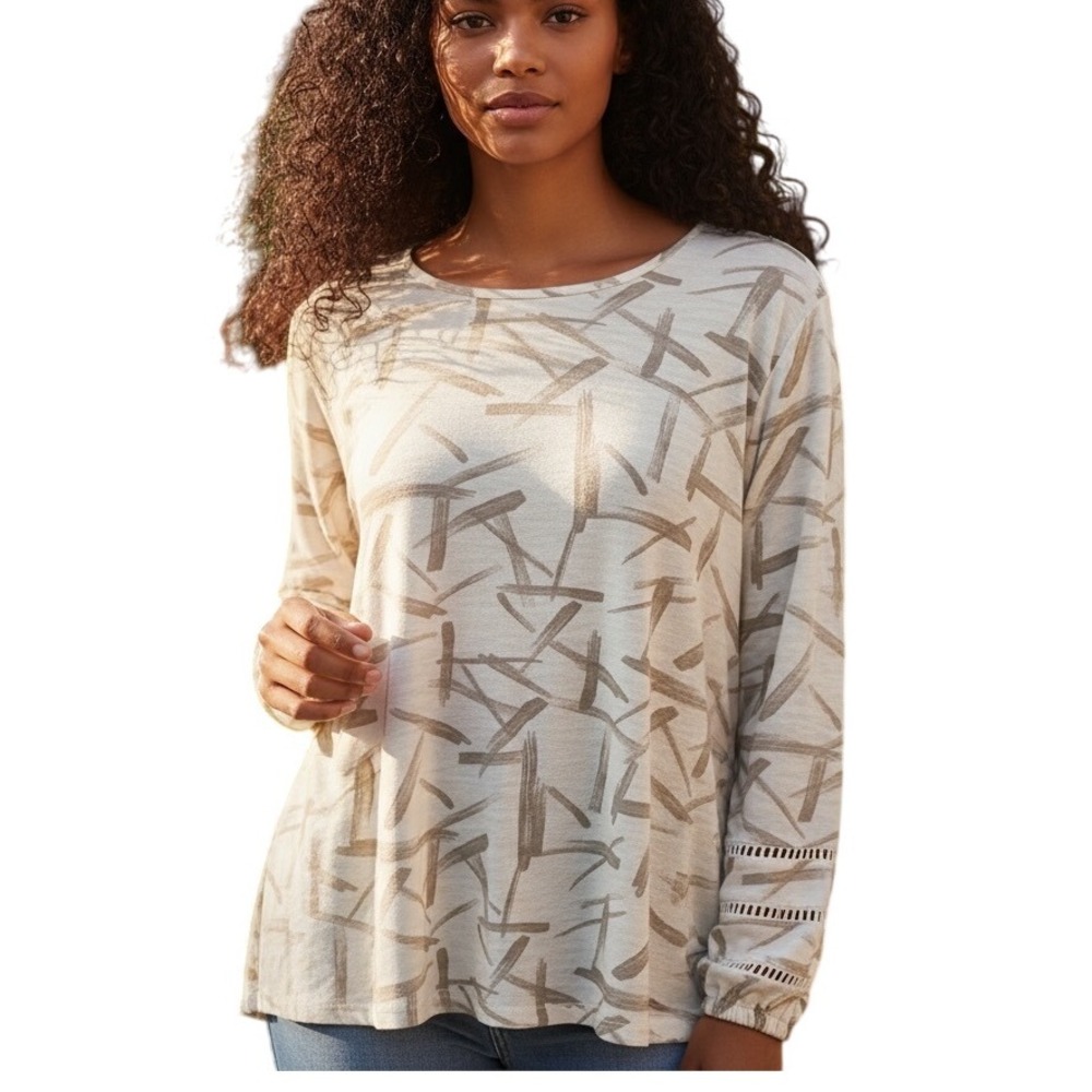 Chico's Size 2 Beige Tan Brushstroke Print Long Sleeve Tunic Top‎ Shirt